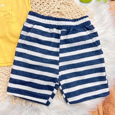 Conj. Camiseta Marine Deep Fisher e Bermuda Listrada em Linho - Mostarda e Marinho